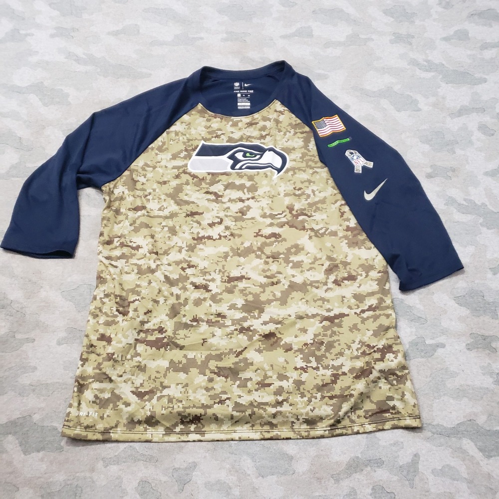 Nike Seattle Seahawks Shirt Mens XL Blue Camo NFL Athletic Cut 3/4 Sleeve